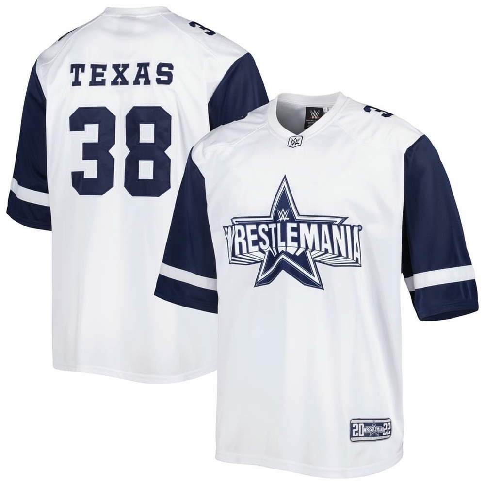 Wrestlemania 38 Dallas Texas Football Jersey Size Large 2022 White Navy Blue